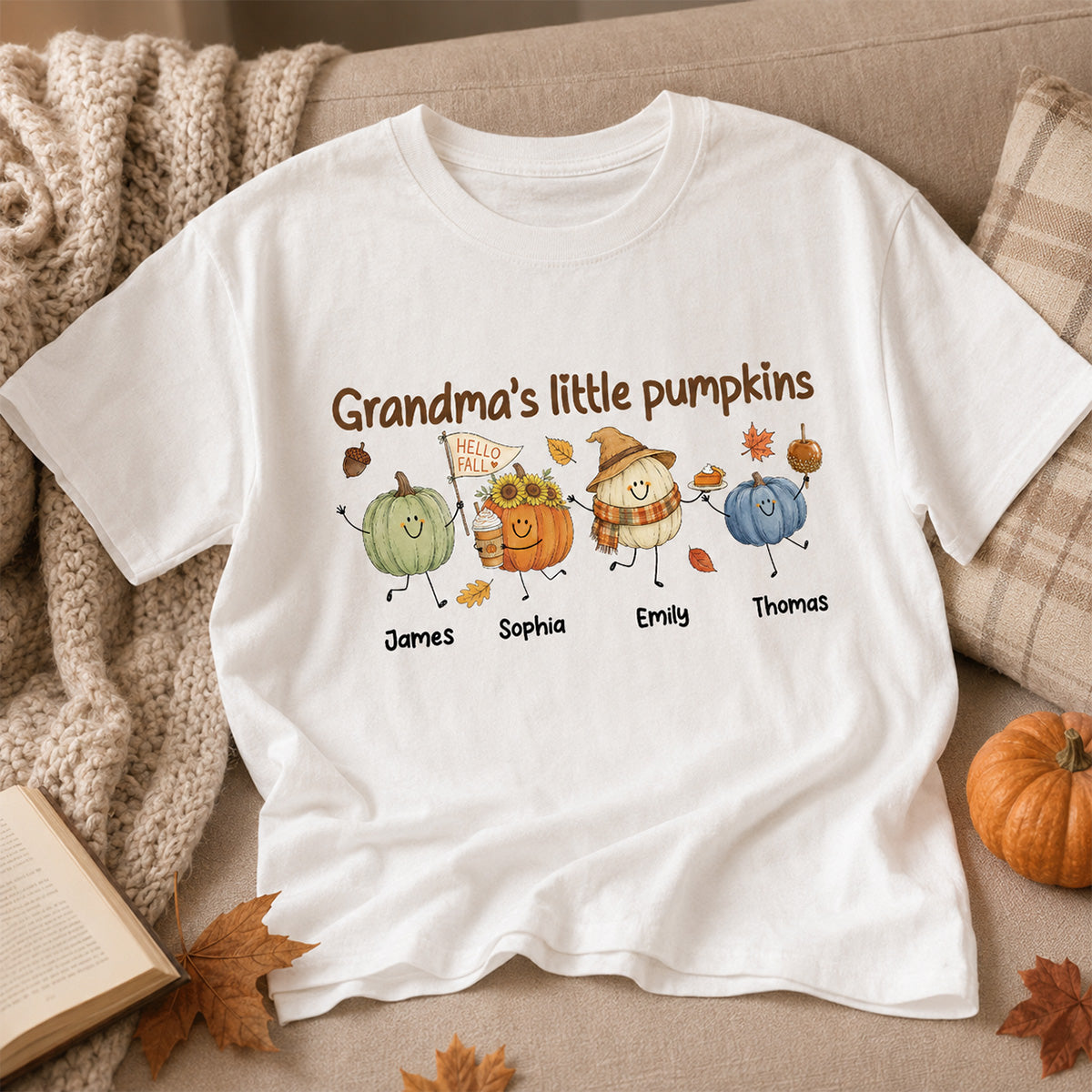 Grandma's Little Pumpkins Cute Characters - Personalized Shirt - Fall Season Shirt For Grandma, Mom