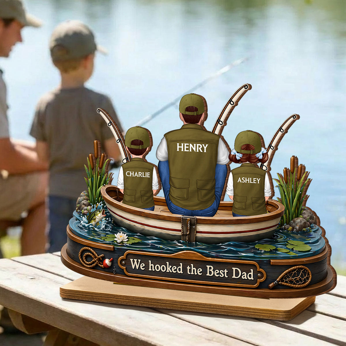 Dad And Kids Fishing Boat - Personalized 2-Layered Wooden Plaque - Heartfelt Gift For Fishing Dad, Gift For Husband