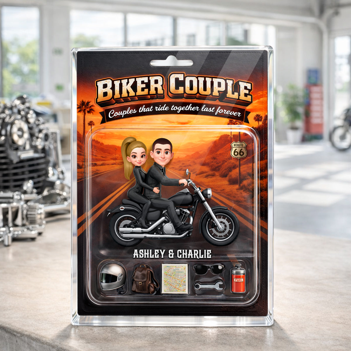 Couples That Ride Together Last Forever Sunset, Custom Action Figure Biker Couple - Personalized Acrylic Block Plaque - Heartfelt Gift for Him, for Her