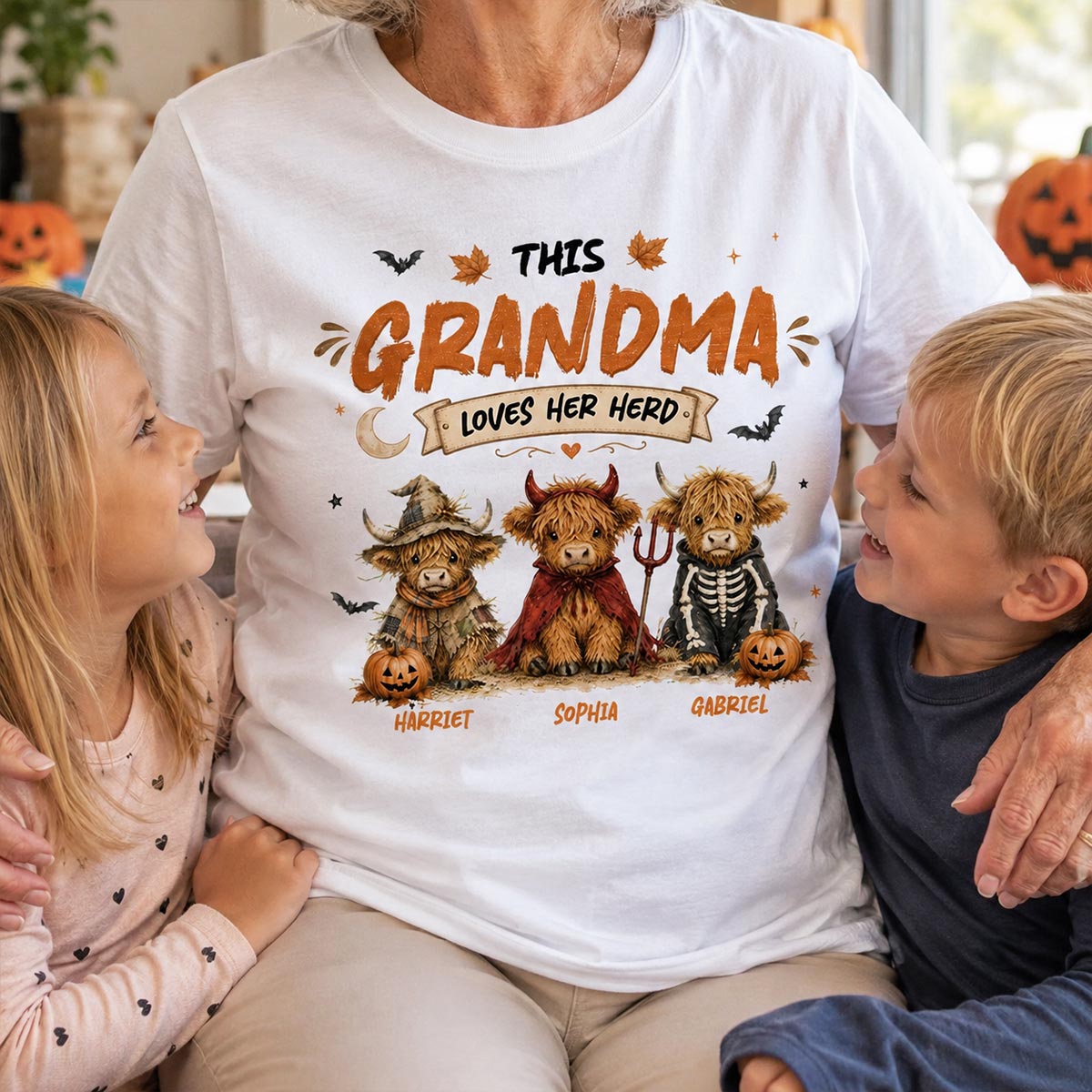 Grandma's Little Spooky Herd Halloween Costume Highland Cows - Personalized Shirt - Halloween Gift For Grandma