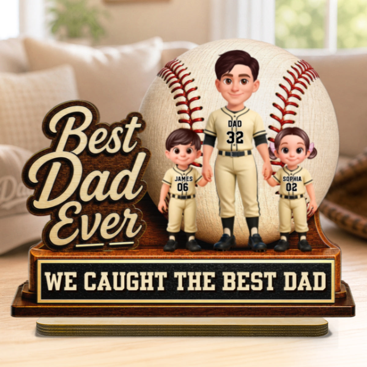 We Caught The Best Dad Dad & Kids - Personalized 2-Layered Wooden Plaque - Happy  For Baseball Softball Dad