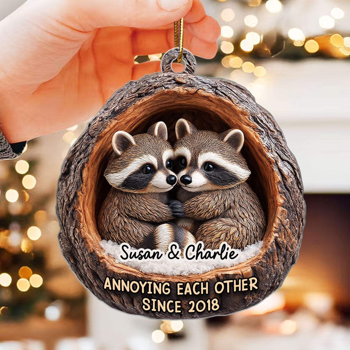 Funny Raccoon Couple Annoying Each Other 3D Wooden Effect - Personalized Acrylic Ornament - Christmas Gift for her, Gift for him