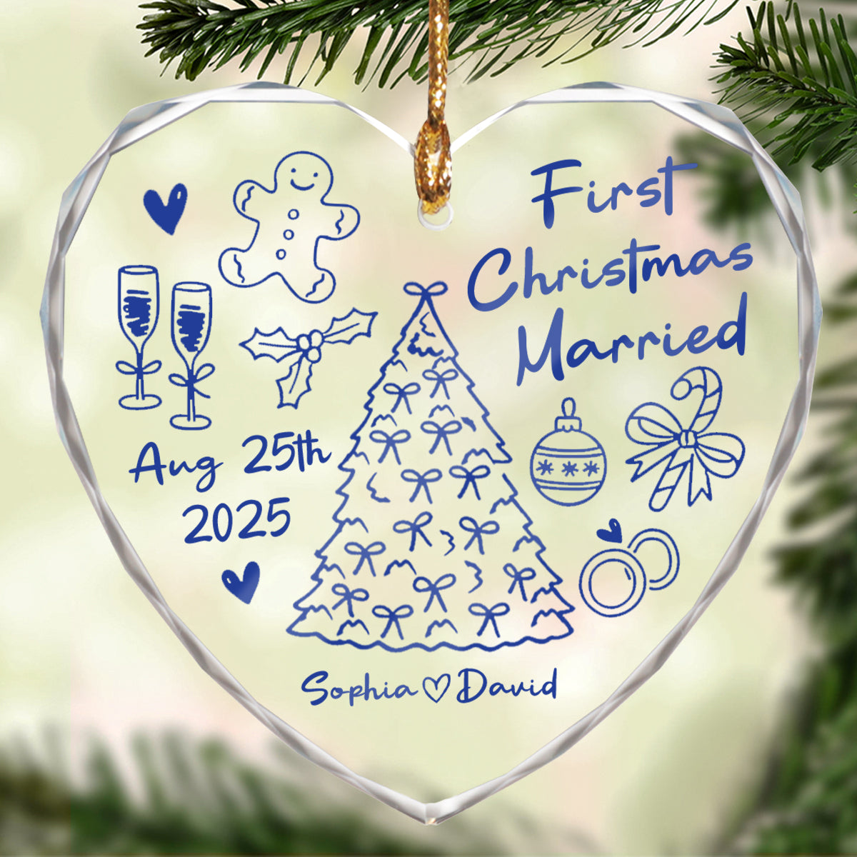 First Christmas Married Doodle - Personalized Glass Ornament - Christmas Gift For Him, For Her, For Couple