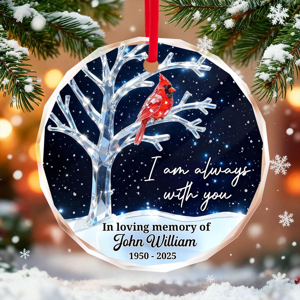 3D Crystal Effect Memorial Winter Tree Cardinals - Personalized Glass Ornament - Remembrance Gift, Sympathy Gift