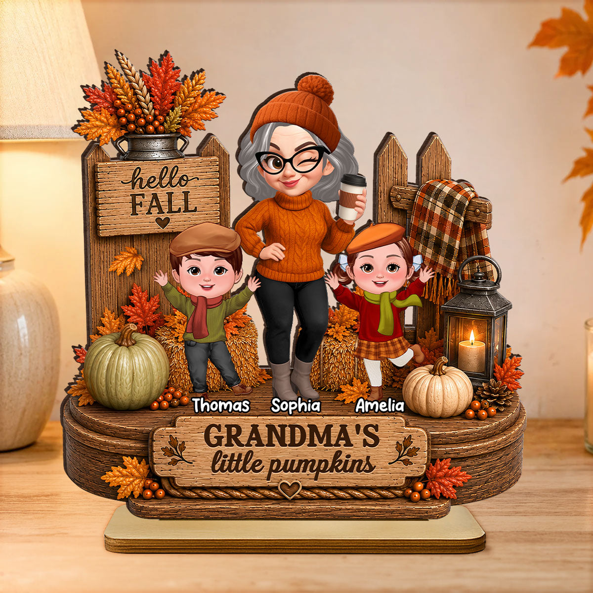 Hello Fall Grandma's Little Pumpkins - Personalized 2-Layered Wooden Plaque - Cozy Fall Decor for Grandma