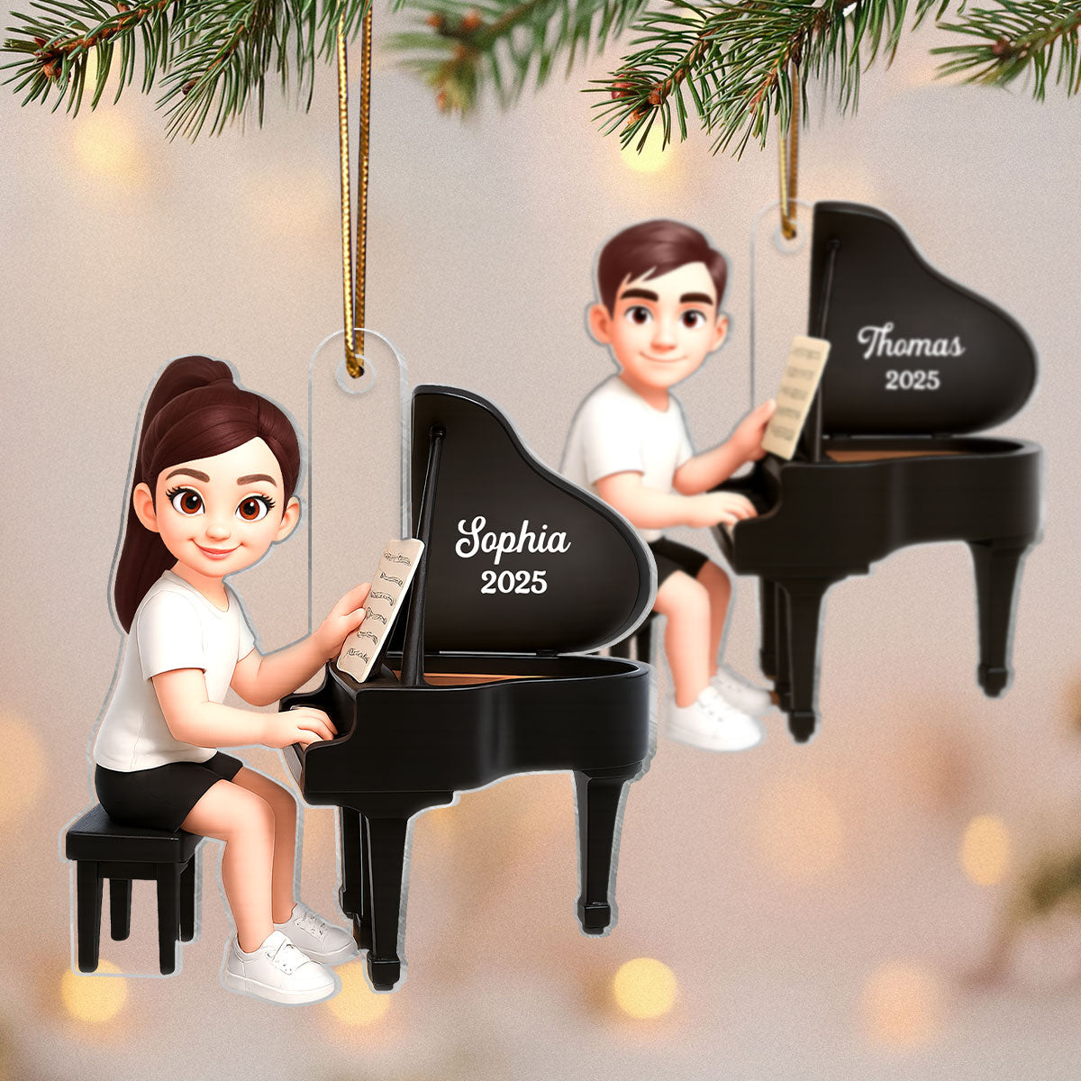 Christmas Girl Boy Playing Piano - Personalized Acrylic Ornament - Gift For Pianists, Performers, Piano Lovers