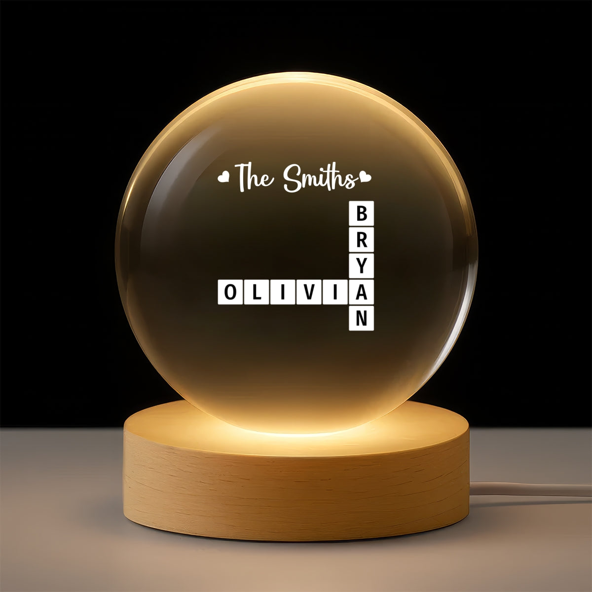 Family Crossword Puzzle Art - Personalized Crystal Ball LED Night Light - Heartfelt Gift For Grandma, Gift For Mom