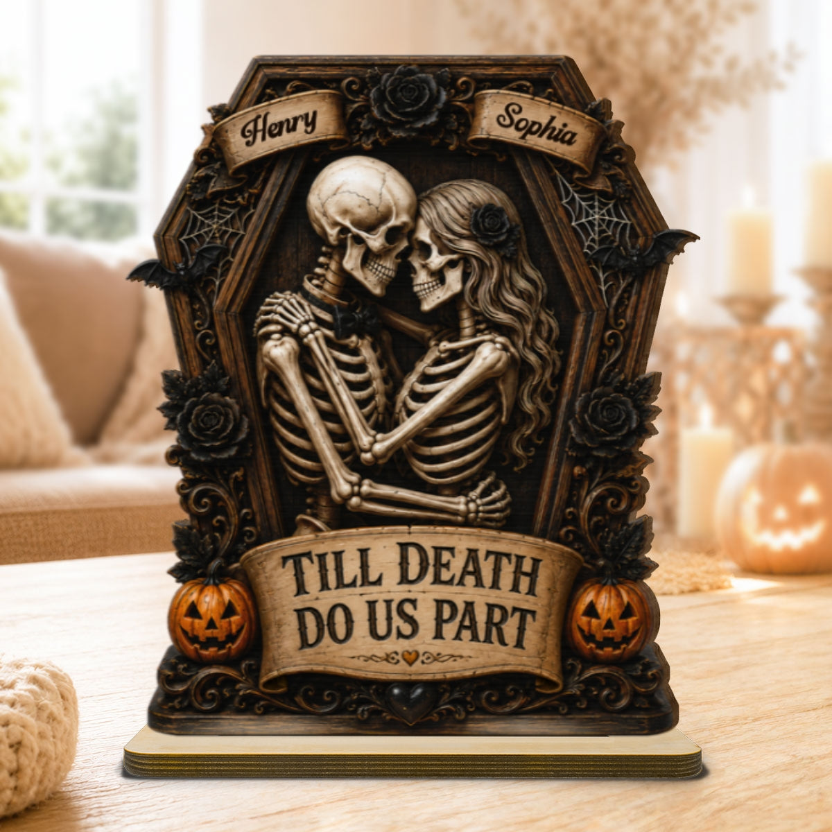 Till Death Do Us Part Skeleton Couple In Coffin 2D Flat - Personalized 2-Layered Wooden Plaque - Halloween Decor For Couple