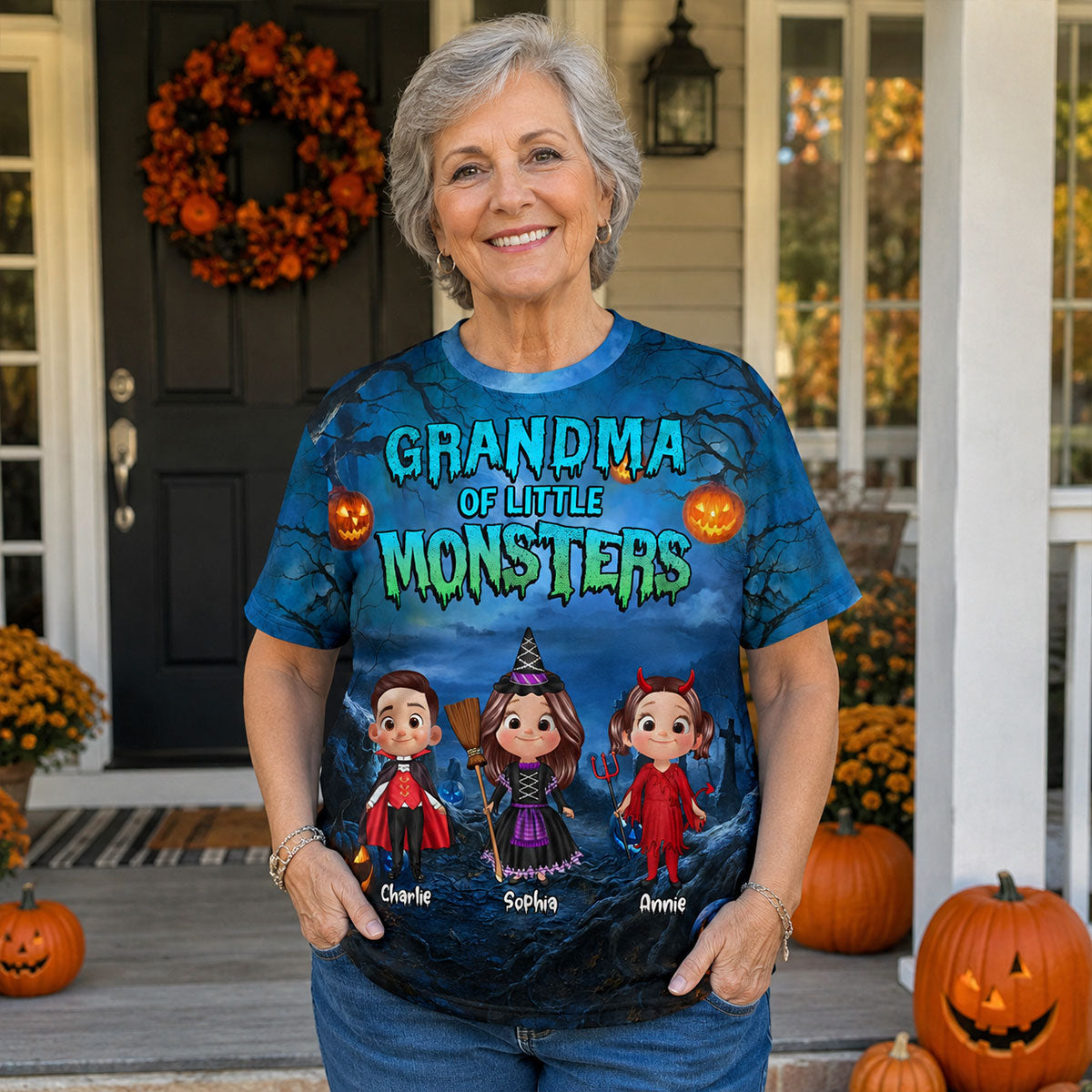 Halloween Night Grandma Grandkids Little Monsters - Personalized Shirt - Halloween Gift For Grandma