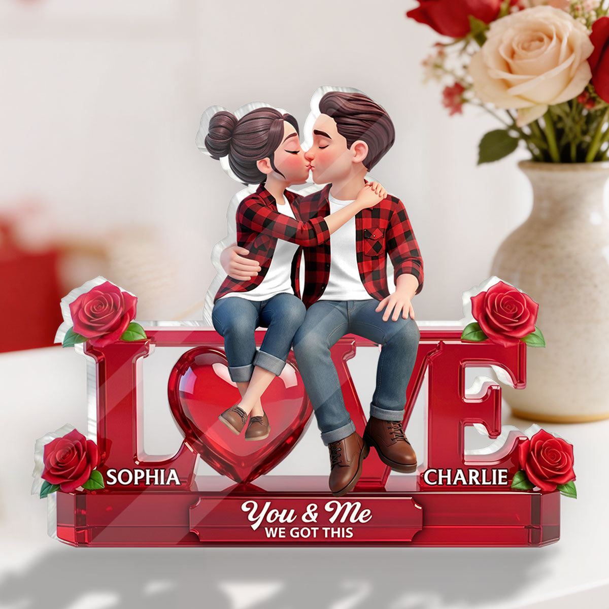 Roses LOVE Couple Sitting Kissing - Personalized Acrylic Block Plaque - Valentine's Day Gift For Couple, For Him, For Her