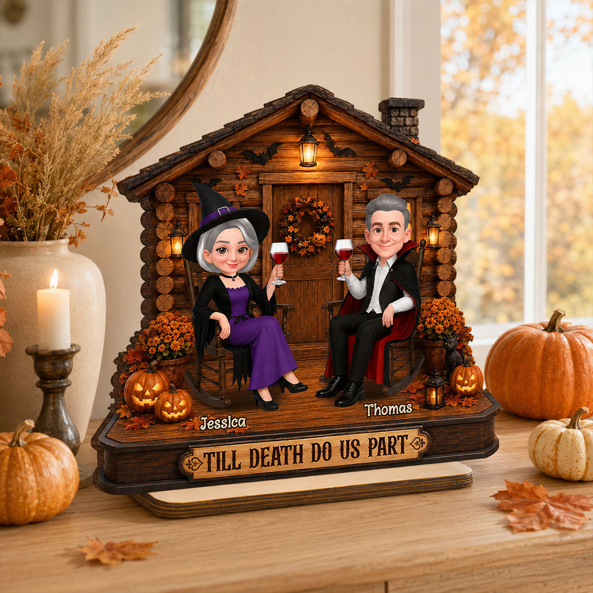 Spooky Halloween Haunted Cabin House Couple - Personalized 2-Layered Wooden Plaque - Halloween Decoration For Couple