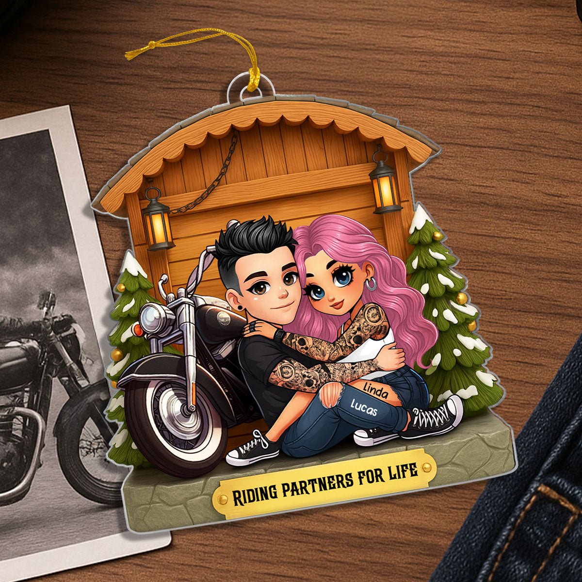 Biker Couple - Personalized Acrylic Ornament - Gift for Biker Couple
