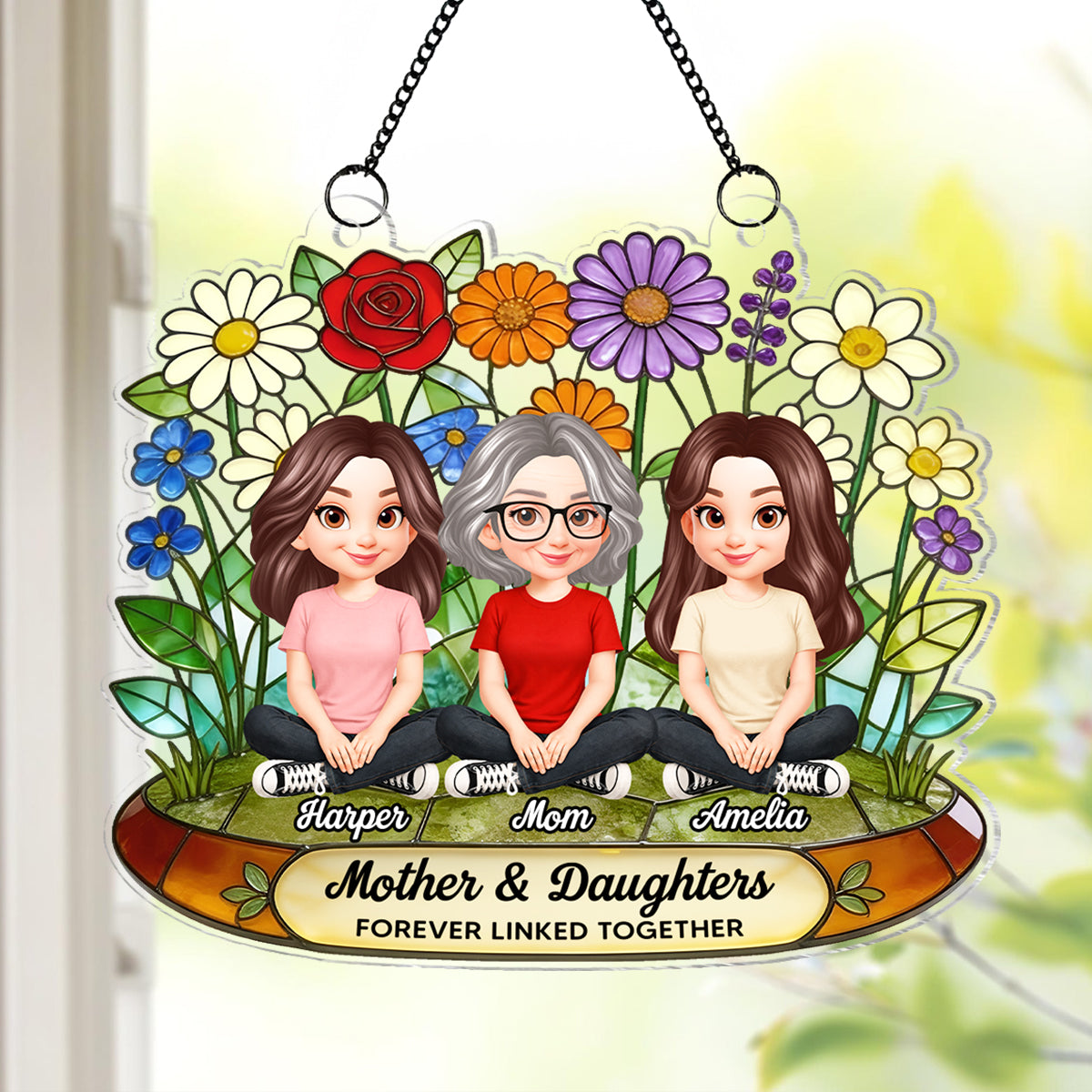 Flower Garden Mom And Son Daughter Forever Linked Together - Personalized Suncatcher Ornament - Gift For Mom