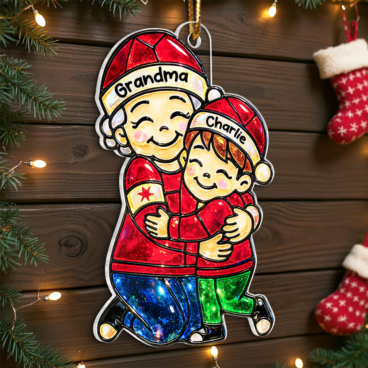 Grandma Hugging Grandkids Stained Glass Pattern - Personalized Acrylic Ornament - Heartwarming Christmas Gift For Grandma, Granddaughter, Grandson