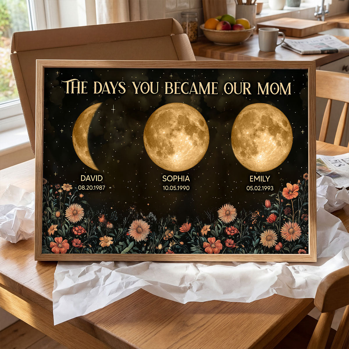 Vintage Flowers The Day You Became Mom Grandma Custom Birth Moon Phase - Personalized Poster, Mother's Day Gift For Mom, Grandma