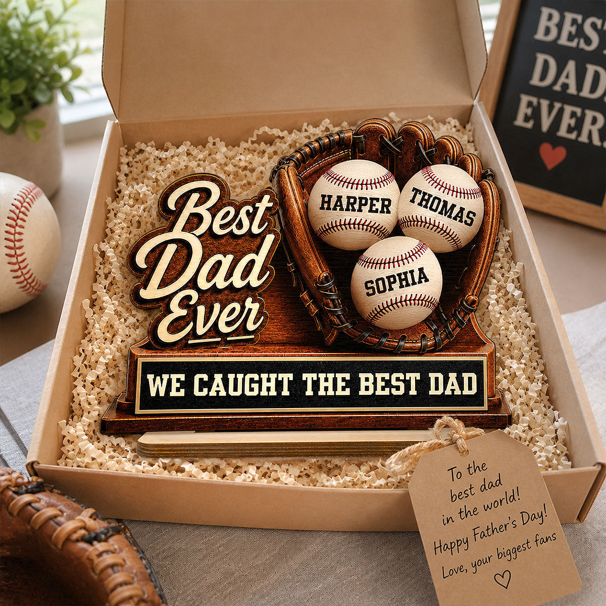 We Caught The Best Dad Baseball Glove - Personalized 2-Layered Wooden Plaque - Happy  For Baseball Dad