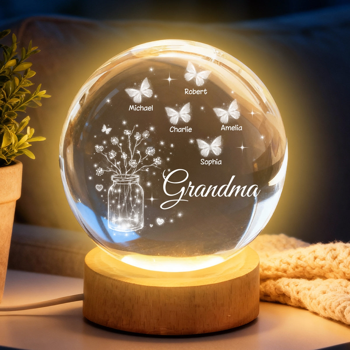 Grandma Butterfly Flower Jar - Personalized Crystal Ball LED Night Light - Sentimental Gift for Grandma