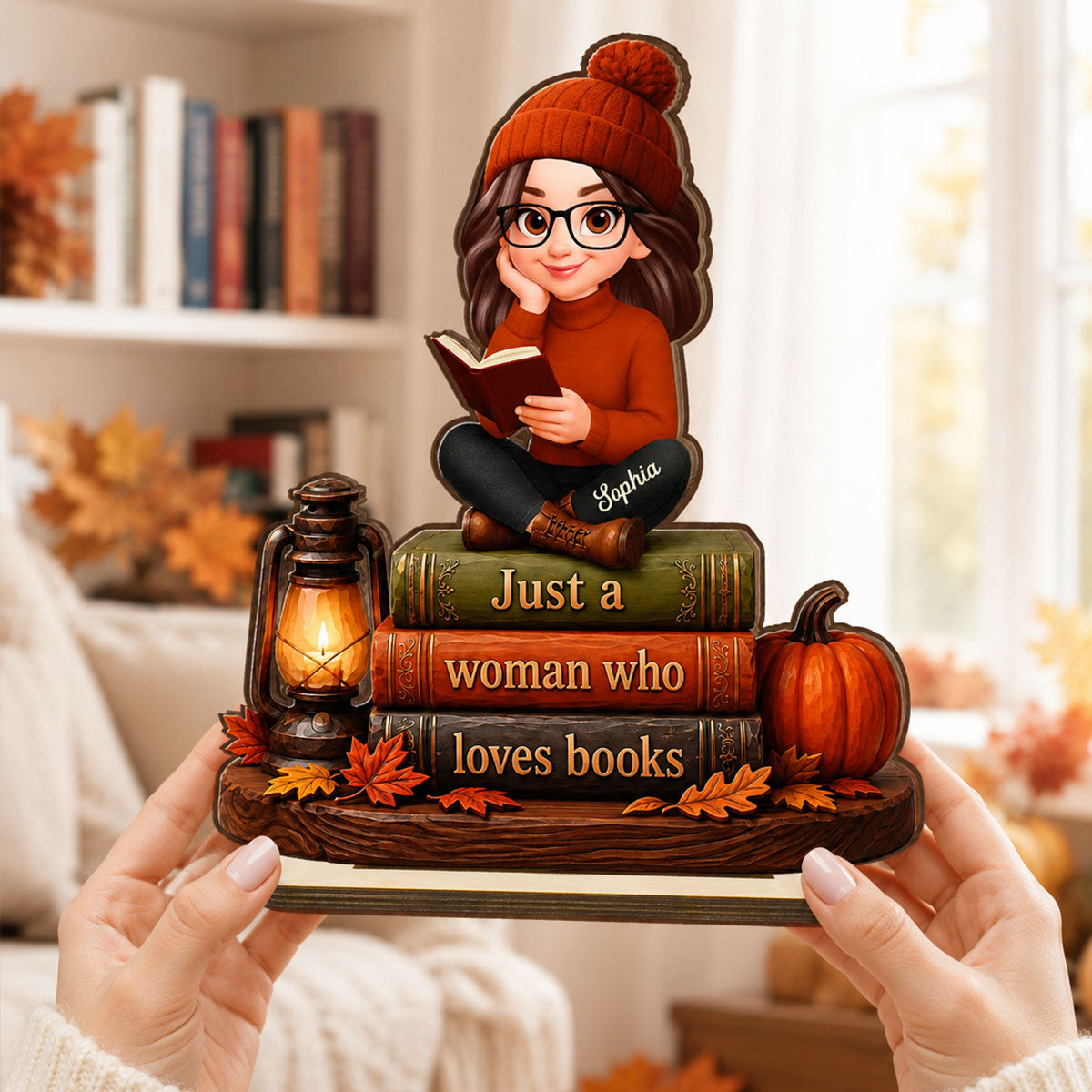 Fall Season Just A Woman Who Loves Books - Personalized 2-Layered Wooden Plaque - Fall Gift For Book Lovers