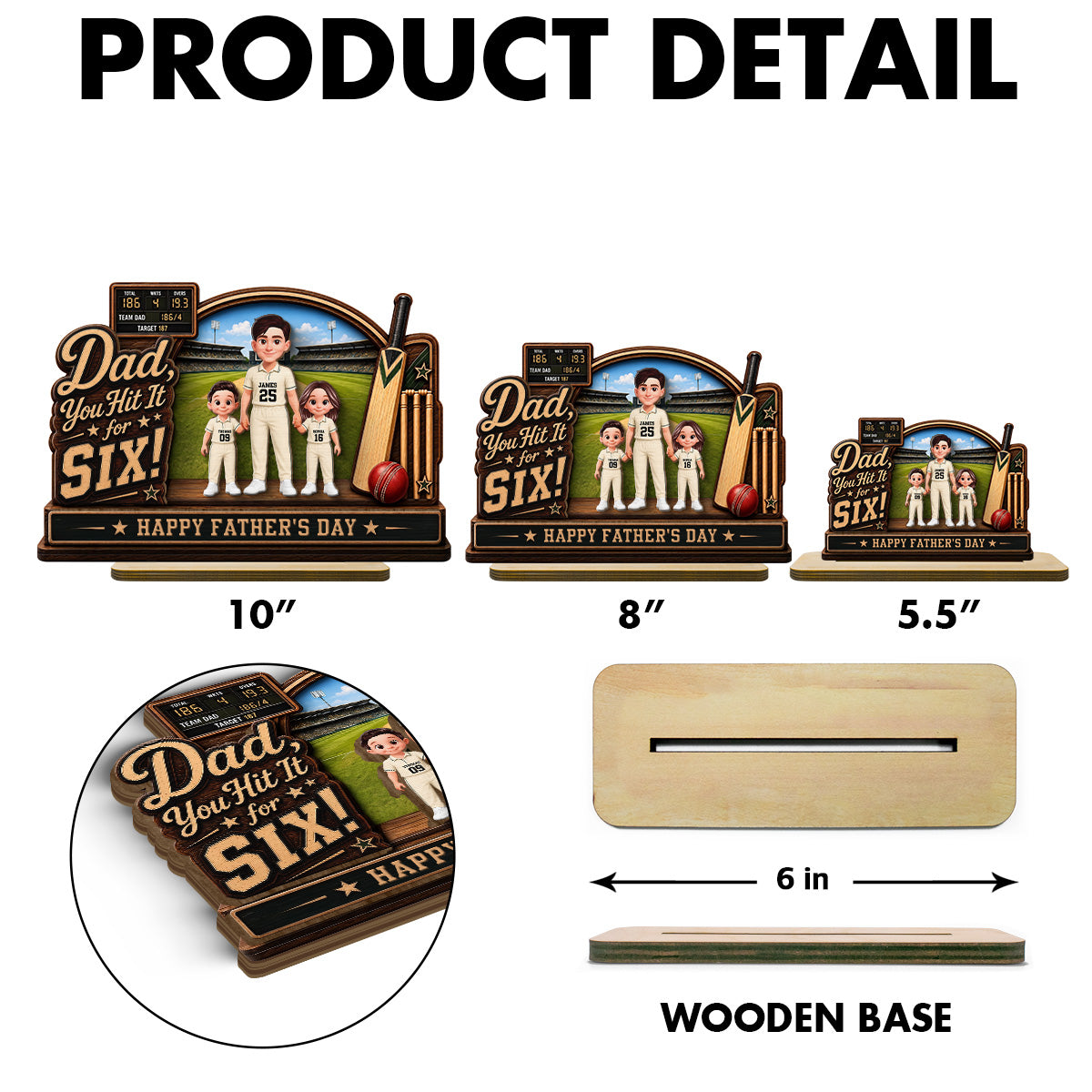 Hit A Six With The Best Dad Cricket Dad & Kids On Court - Personalised 2-Layered Wooden Plaque -  Gift For Husband, Dad