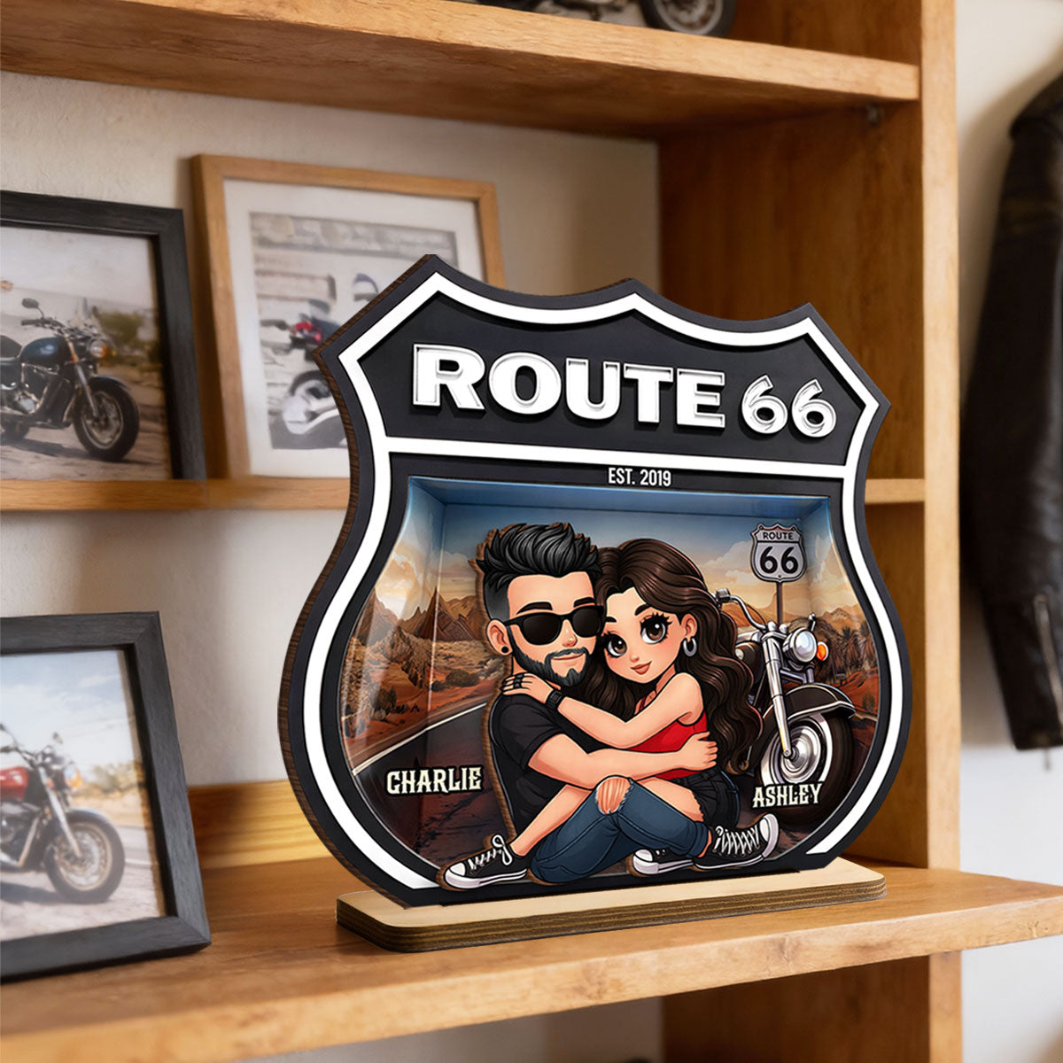 Bikers Couple Route 66 - Personalized 2 Layer Standing Wooden Plaque - Gift for Couple