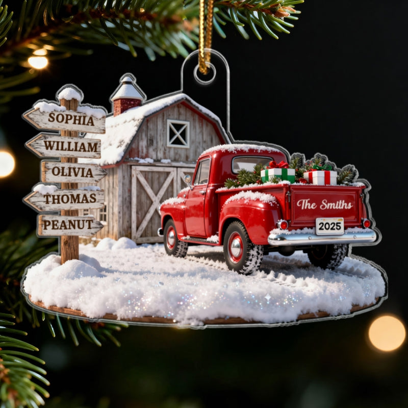 3D Effect Nostalgia Christmas Truck Barn House Family Sign Posts Custom Names - Personalized Acrylic Ornament - Gift For Family, Farmhouse Decor