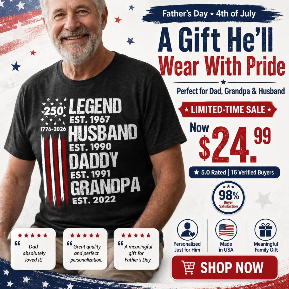 Proud Grandpa Legend Nation Flag American 250th Anniversary - Personalized Shirt - Father's Day Gift For Dad, Grandpa