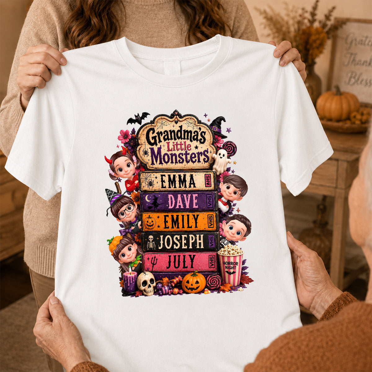 Retro Halloween Movie Grandma Grandkids - Personalized Shirt - Halloween Gift, Gift For Grandma