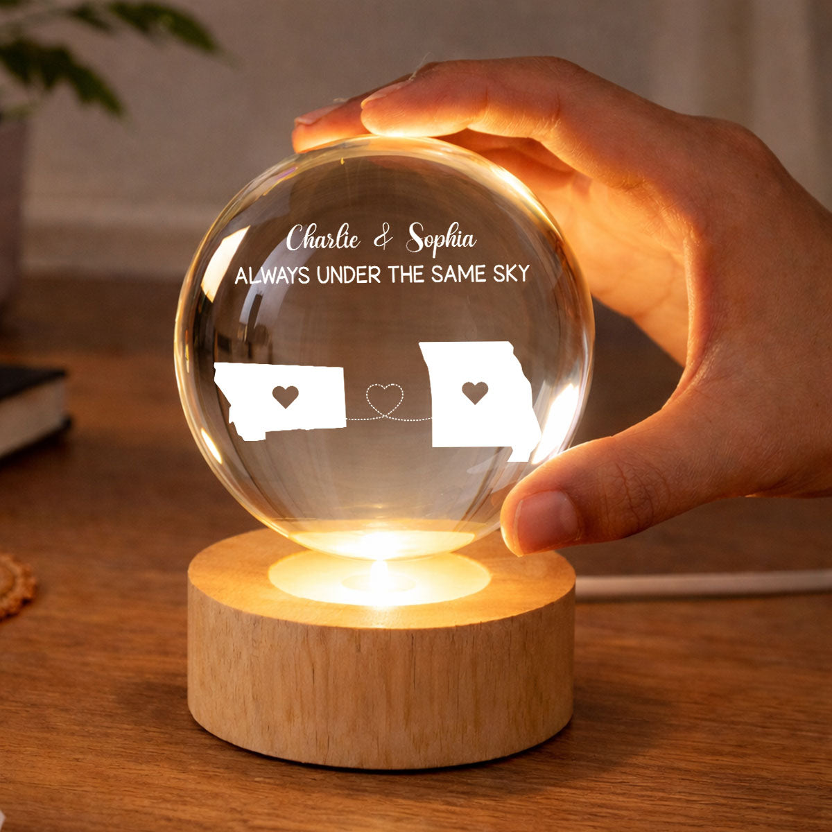 Long Distance Couple State Maps - Personalized Crystal Ball LED Night Light - Anniversary, Valentine's Day Gift, Gift For Him, Gift For Her