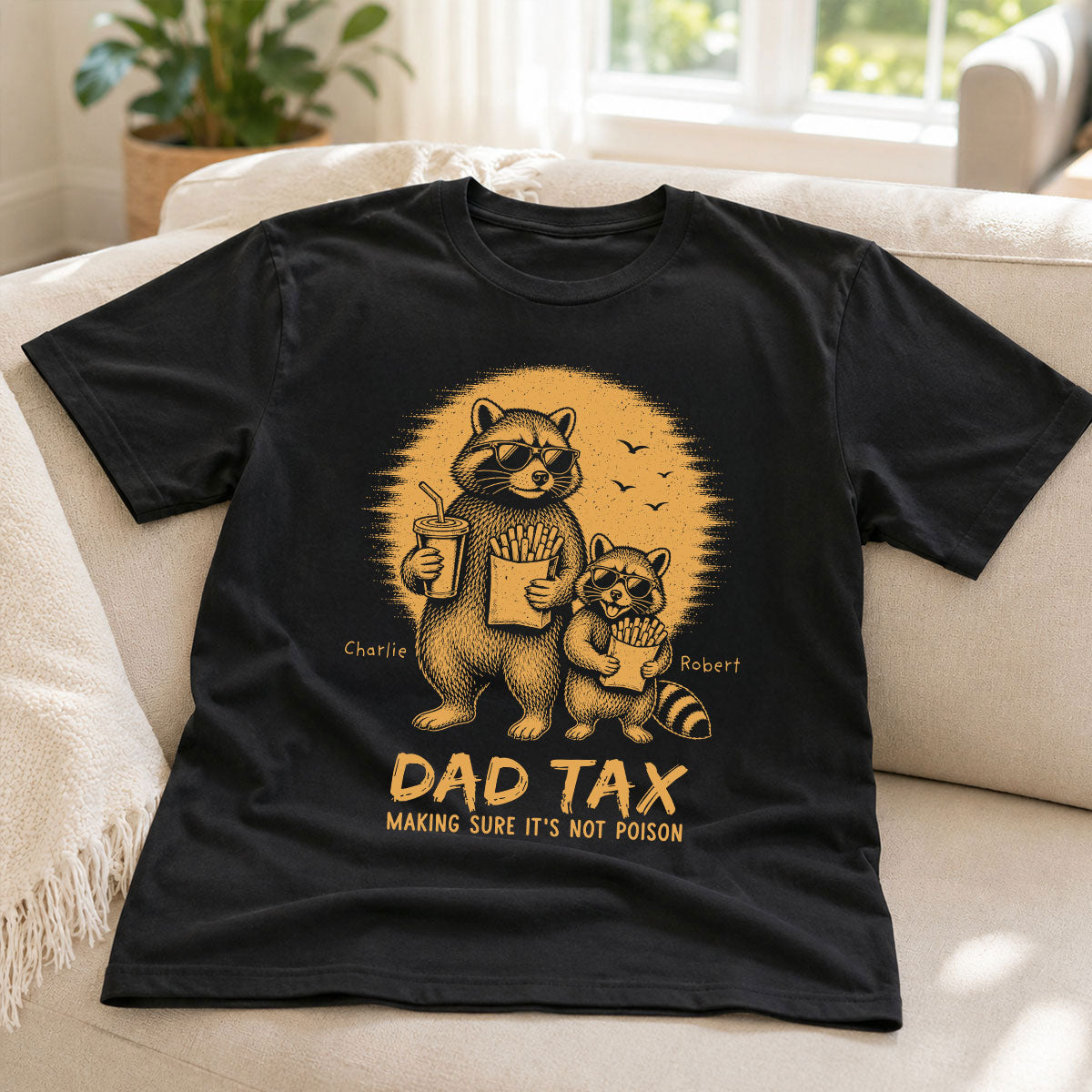 Retro Yellow Vintage Raccoon Dad Tax - Personalized Shirt - Funny Father's Day Gift For Dad, Husband