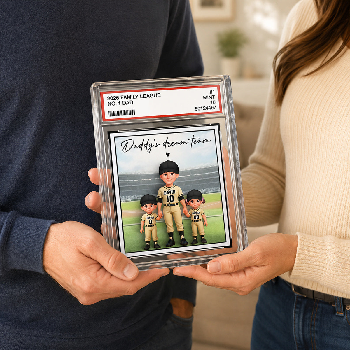 Baseball No. 1 Dad Man & Kids Standing On Court Trading Card Style - Personalized Acrylic Block Plaque -  Gift For Baseball Dad