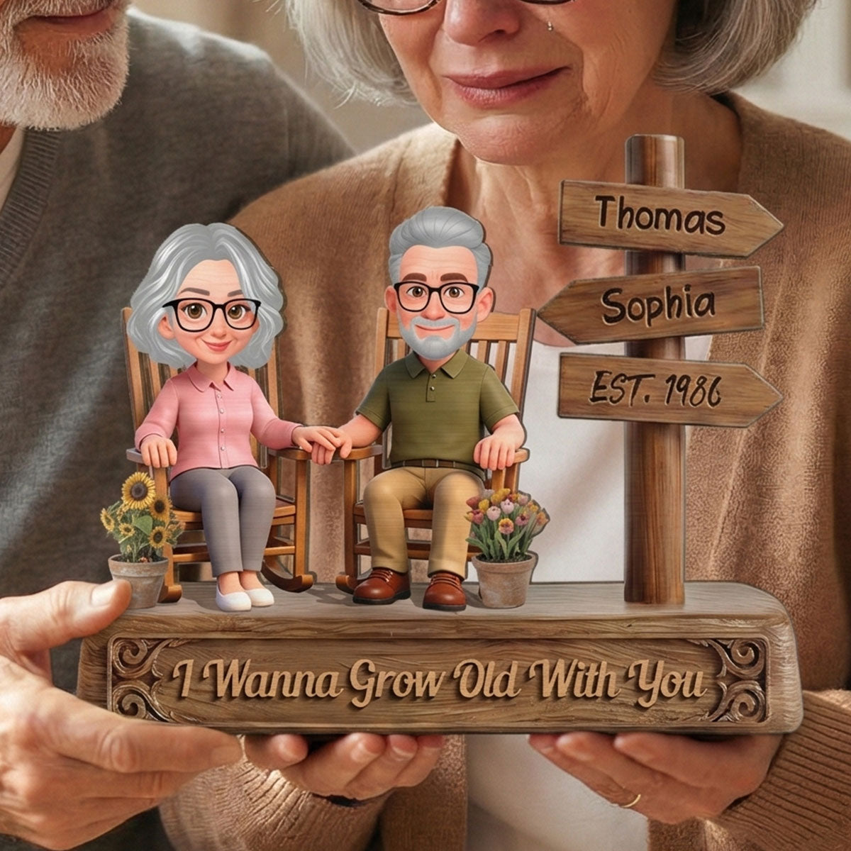 Old Couple Sitting On Rocking Chair By Sign Post 2D Flat - Personalized 2-Layered Wooden Plaque