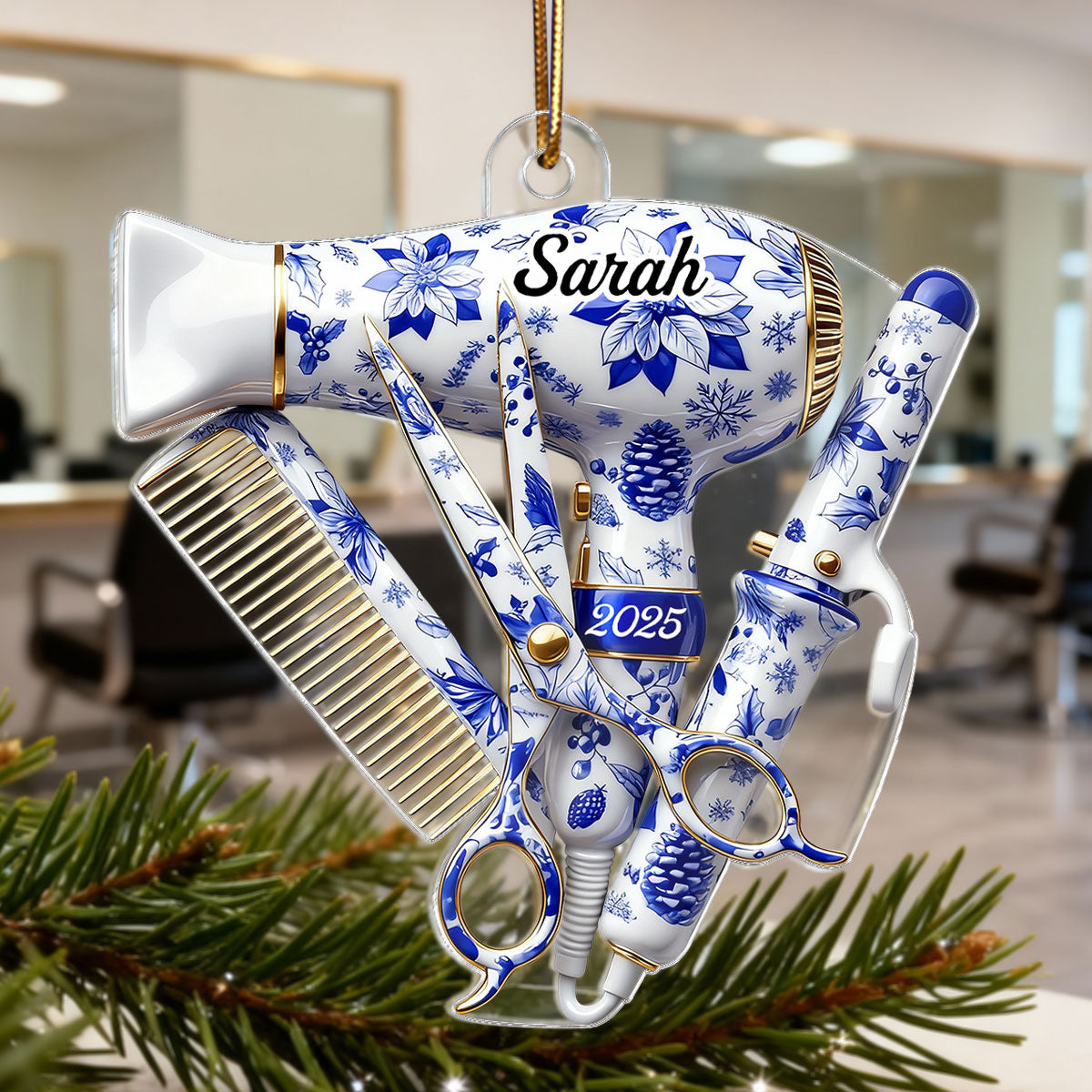 3D Effect Christmas Toile De Jouy Pattern Hairdresser Things - Personalized Acrylic Ornament - Gift For Hairdressers