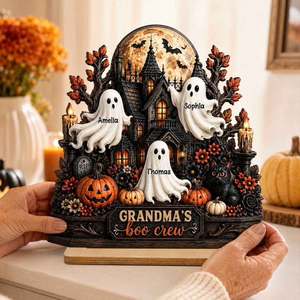 Grandma's Boo Crew - Personalized 2-Layered Wooden Plaque - Halloween Decor for Grandma