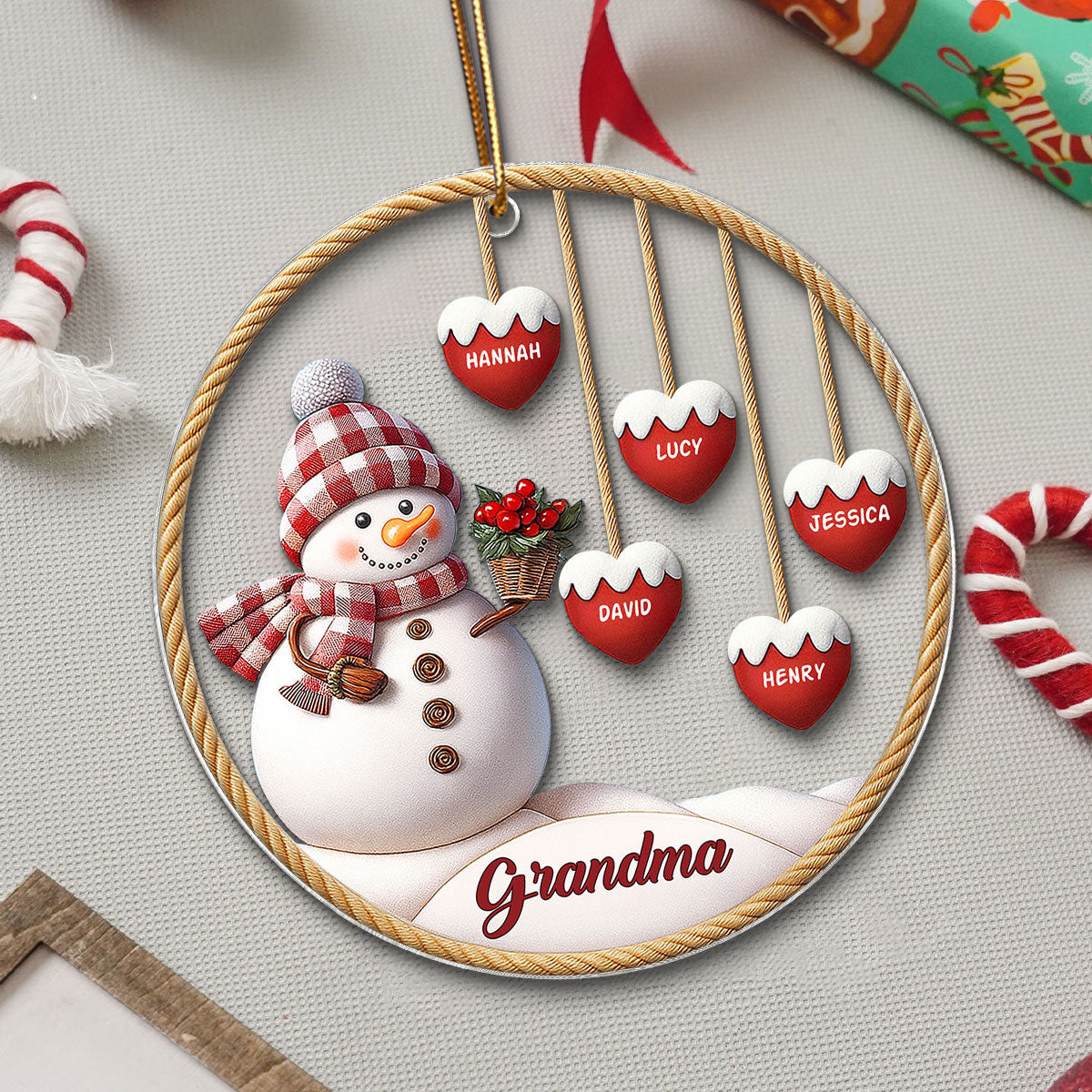 3D Effect Grandma Snowman With Grandkids Name - Personalized Acrylic Ornament - Christmas Decor For Grandma