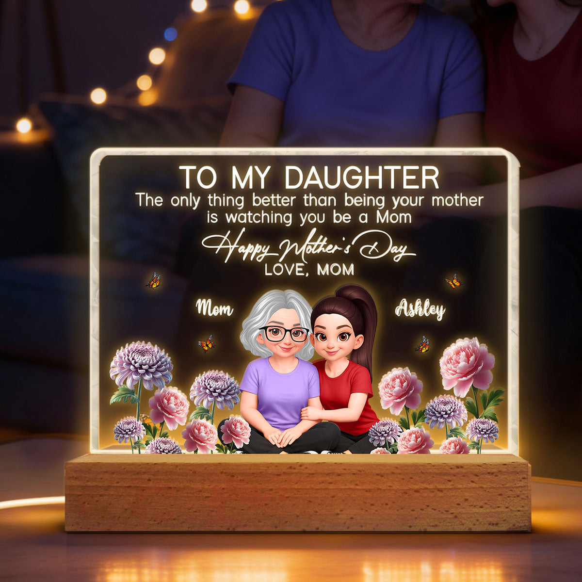 To My Daughter Happy Mother's Day Custom Birth Month Flower - Personalized Acrylic Block LED Plaque - Mother's Day Gift For Daughter