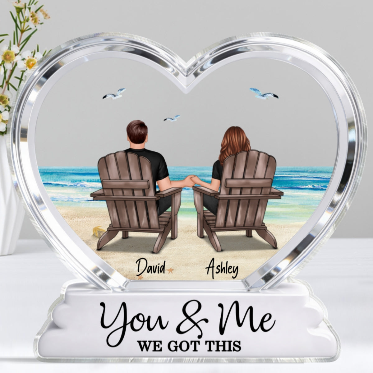 Couple Sitting Back View Beach Landscape 2D Flat - Personalized Acrylic Block Plaque - Anniversary, Birthday Gift For Him, Gift For Her