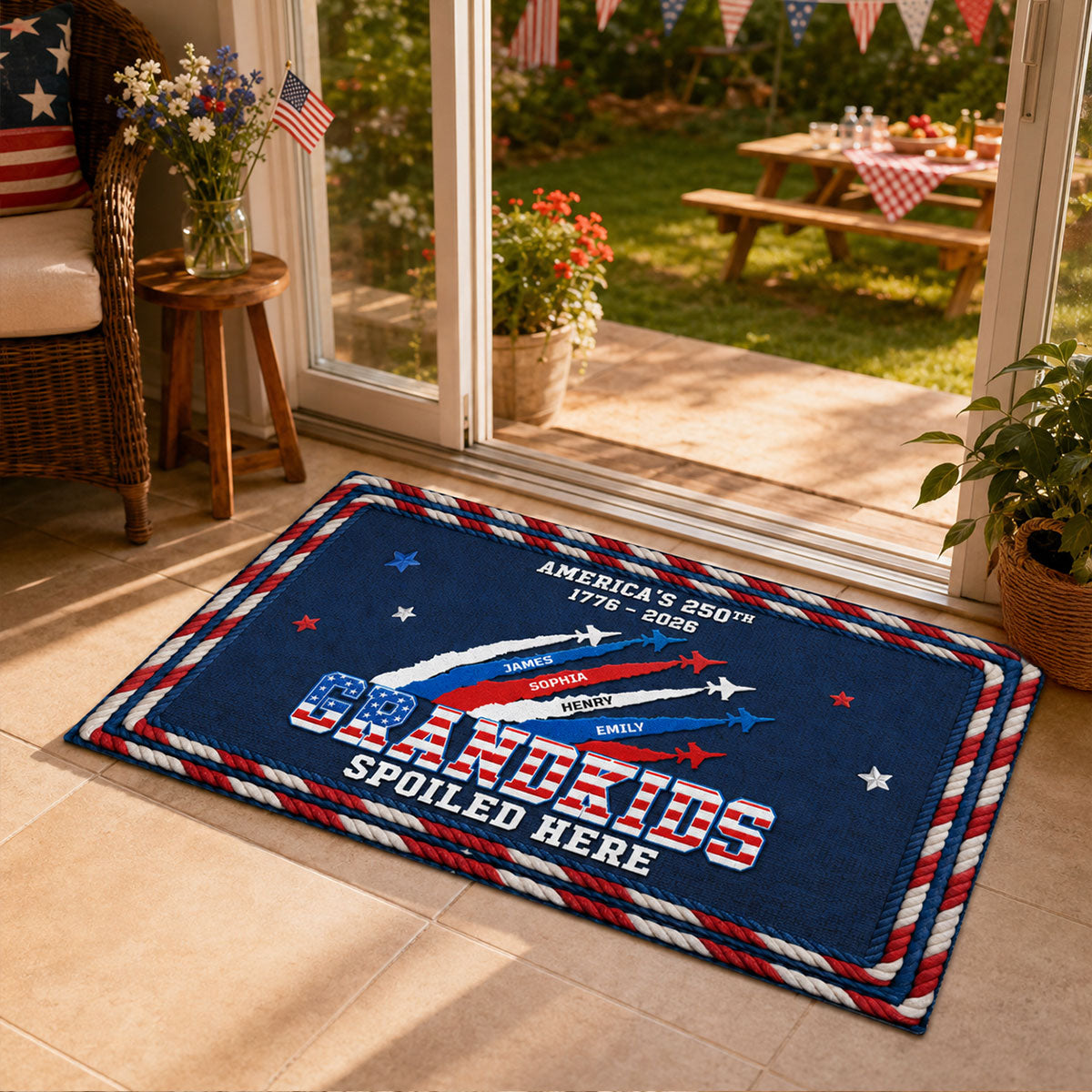 Proud Grandkids Spoiled Here American 250th Anniversary Faux Yarn Texture - Personalized Doormat - 250 Years Of Freedom Decoration, Gift For Grandparents