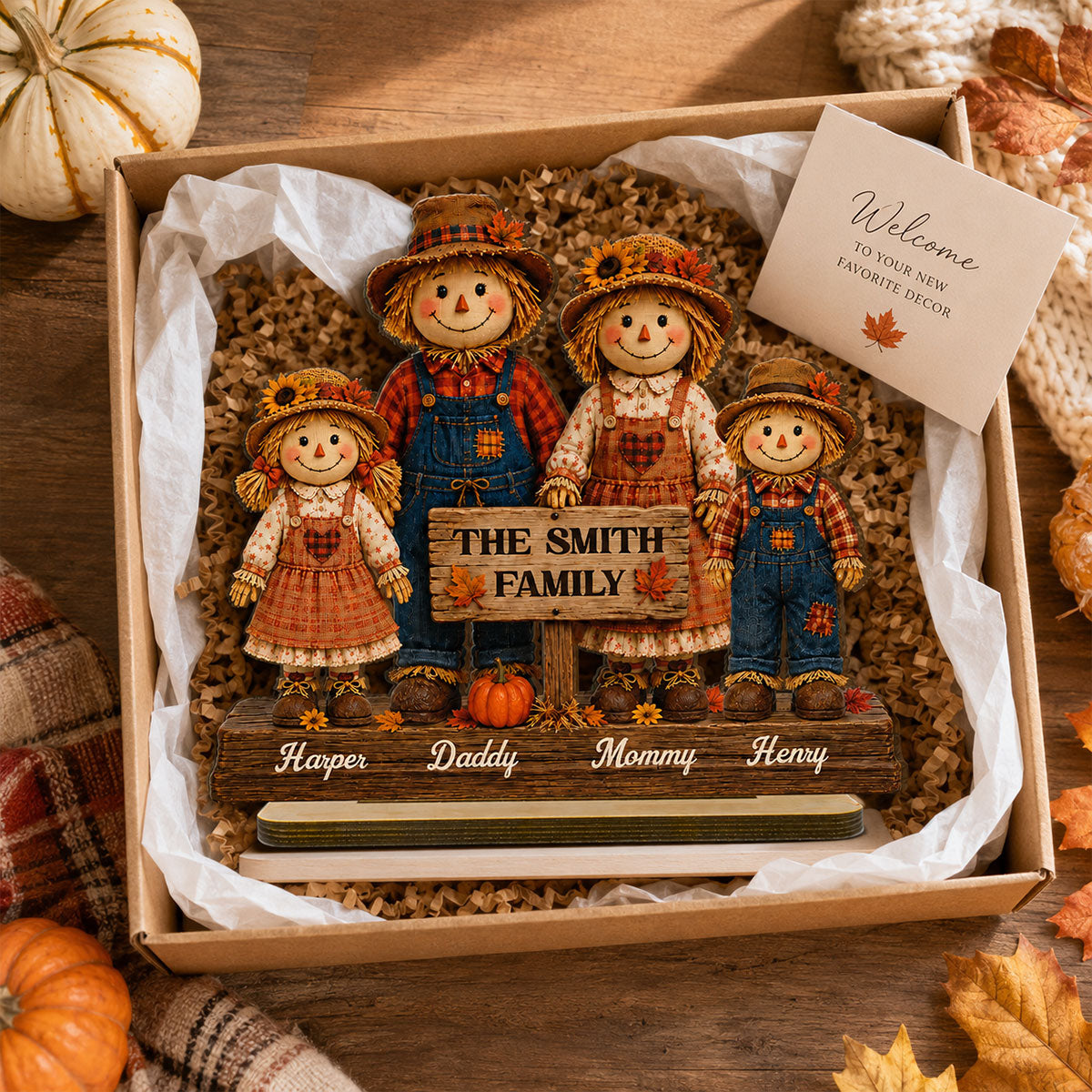 Scarecrow Family Fall Season 2D Flat - Personalized Standing Wooden Plaque