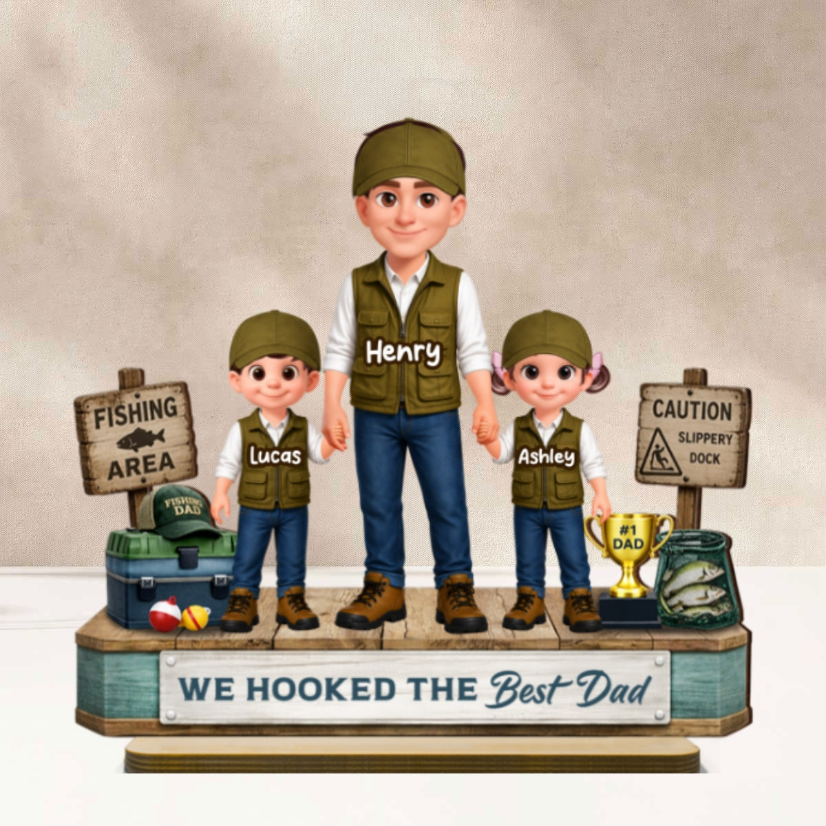 Fishing Dad And Kids We Hooked The Best Dad - Personalized 2-Layered Wooden Plaque - Heartfelt Gift For Dad, Gift For Husband