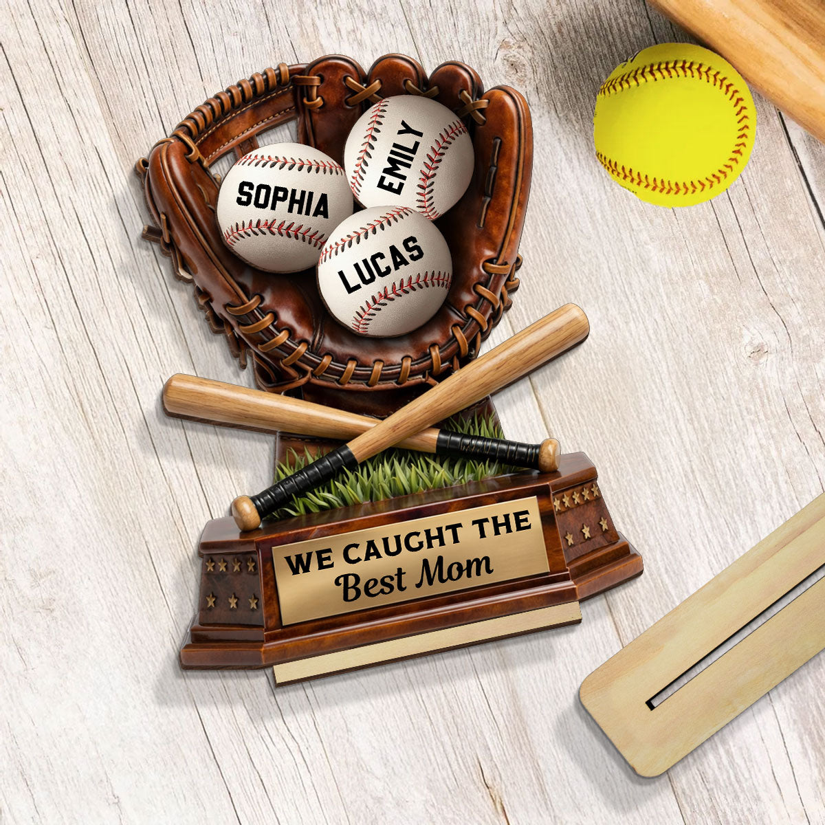 Caught The Best Mom Baseball - Personalized 2-Layered Wooden Plaque - Gift For Baseball Mom