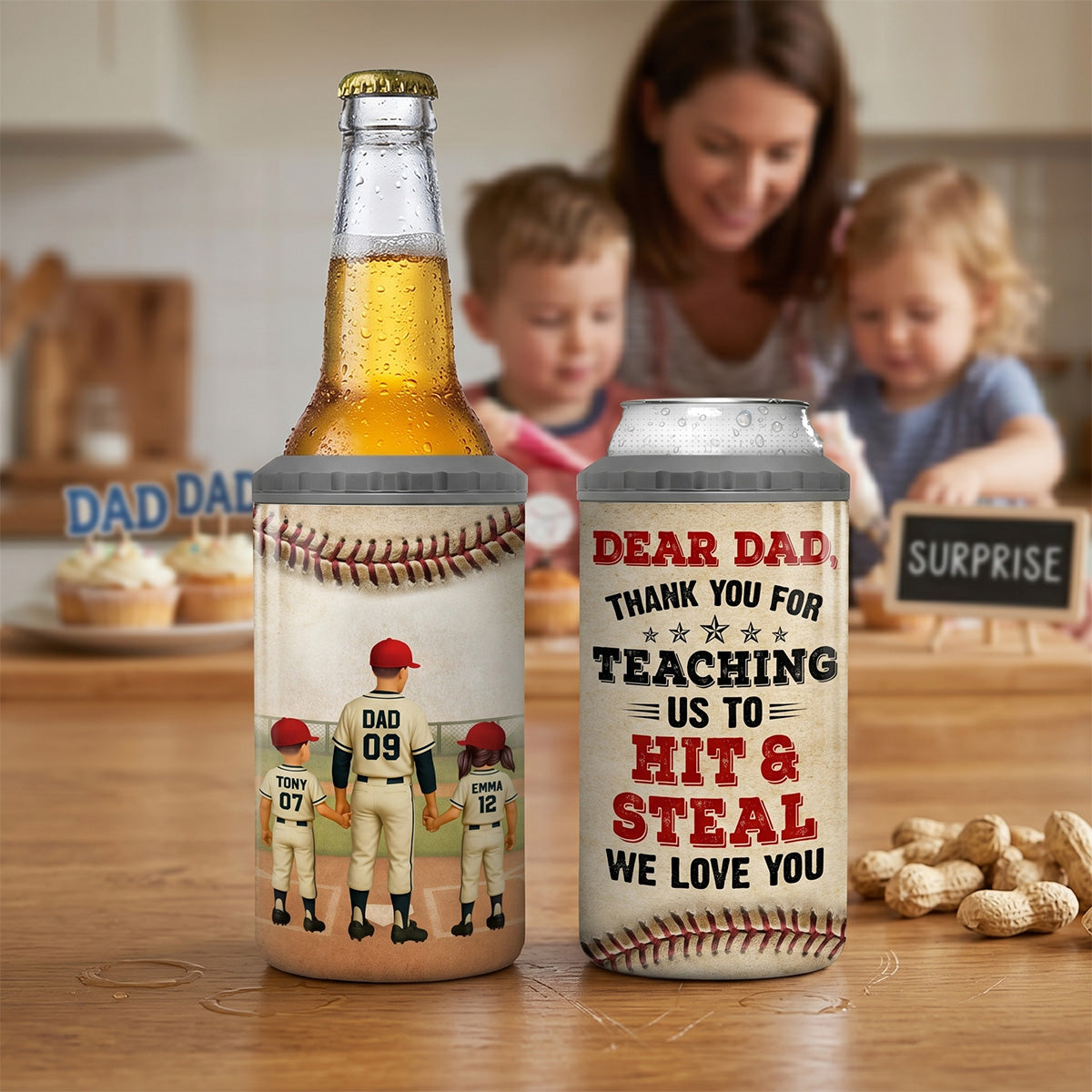 Thank You For Teaching Us To Hit & Steal Baseball Dad & Kids - Personalized Can Cooler - Father's Day Gift For Dad, Husband