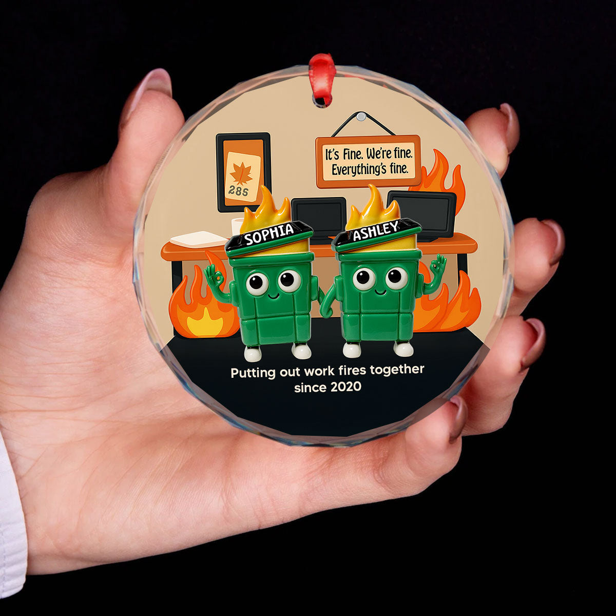 3D Effect Dumpster Fires In Office Scene - Personalized Glass Ornament - Funny Gift For Colleagues, Work Besties