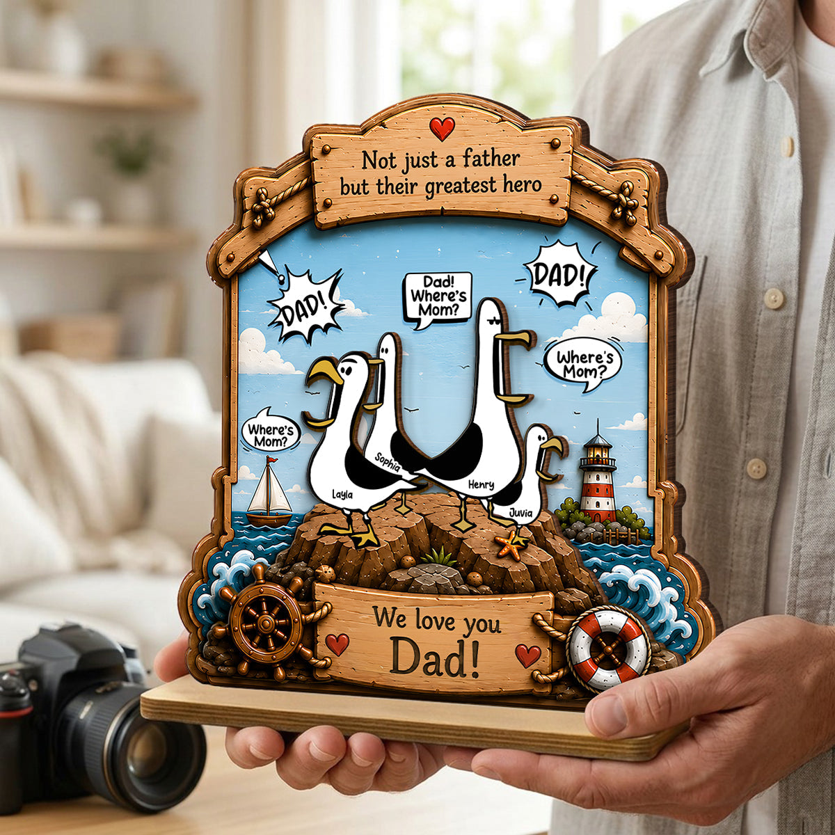 Funny Seagull Daddy Where's Mom - Personalized 2-Layered Wooden Plaque - Funny Gift For Dad, Husband