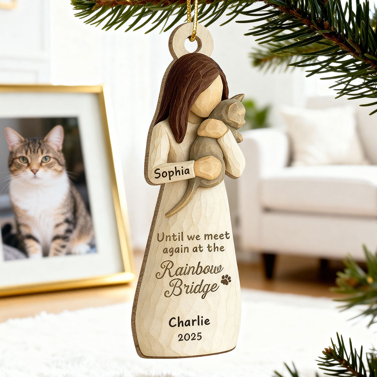 Until We Meet At Rainbow Bridge Woman & Cat 3D Effect - Personalized Wooden Ornament - Memorial Keepsake