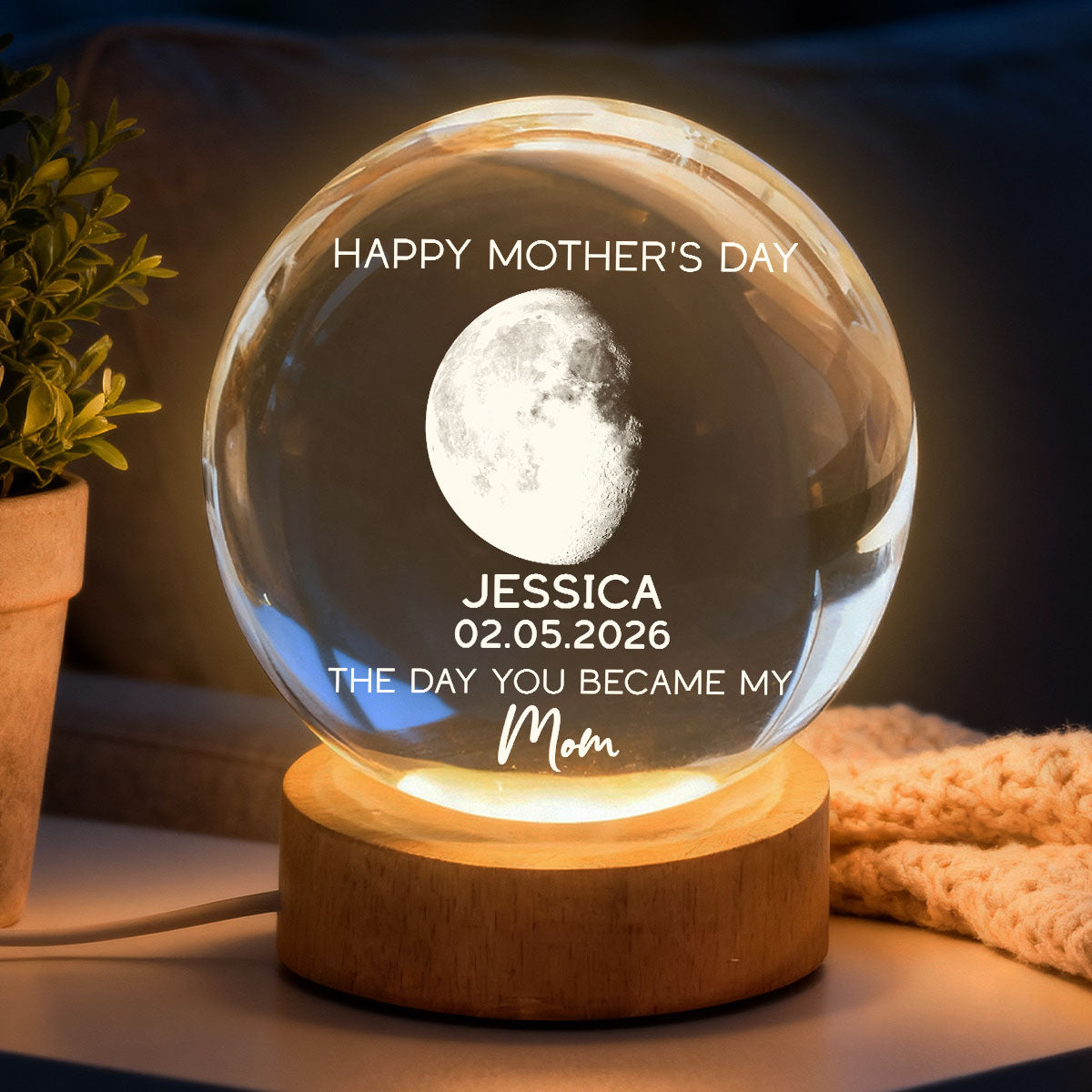 The Days You Became Our Mom Custom Moon Phase - Personalized Crystal Ball LED Night Light - Mother's Day Gift For Mom