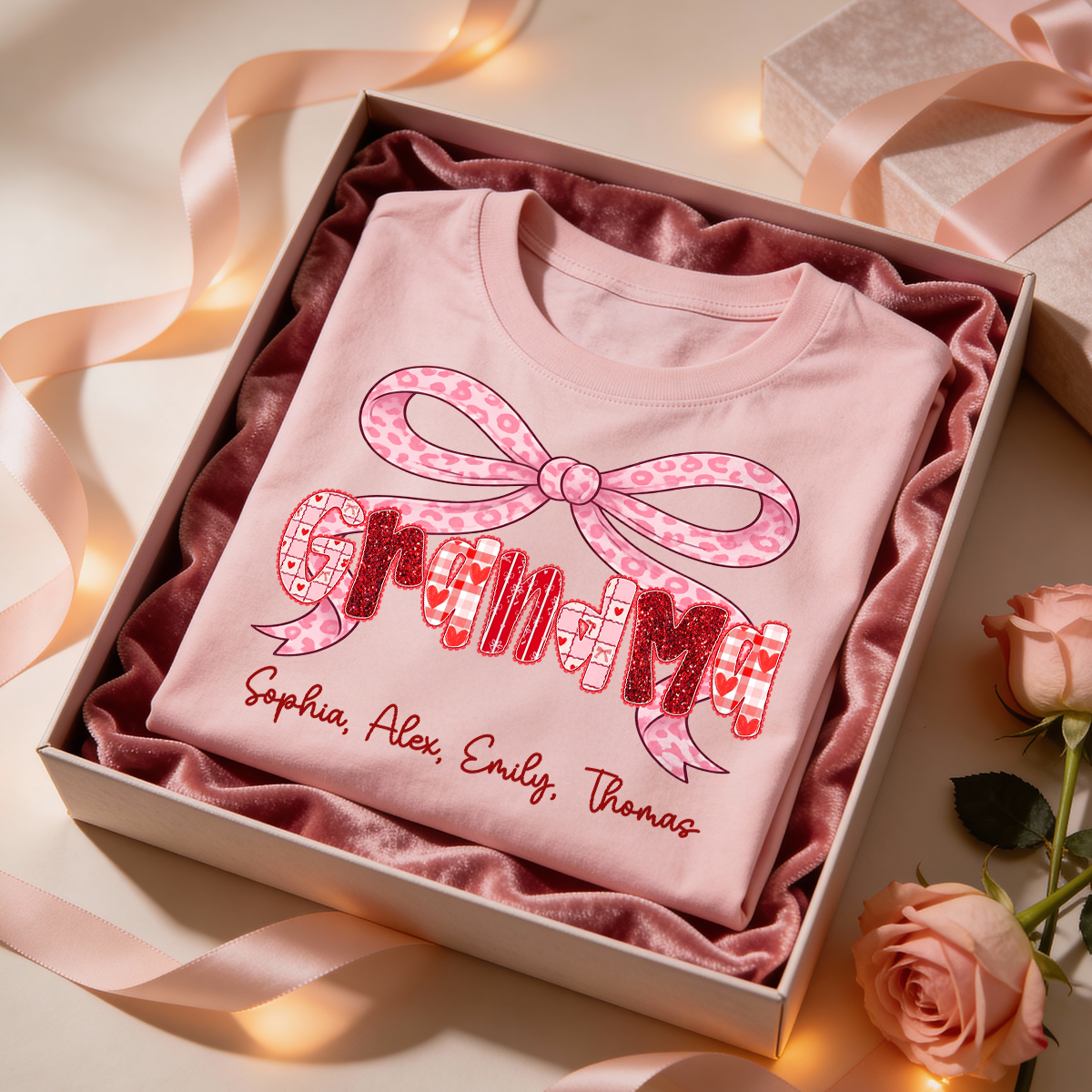 Preppy Valentine Pattern Grandma Mom Nana With Kids Name - Personalized Shirt - Valentine's Day Gift For Grandma