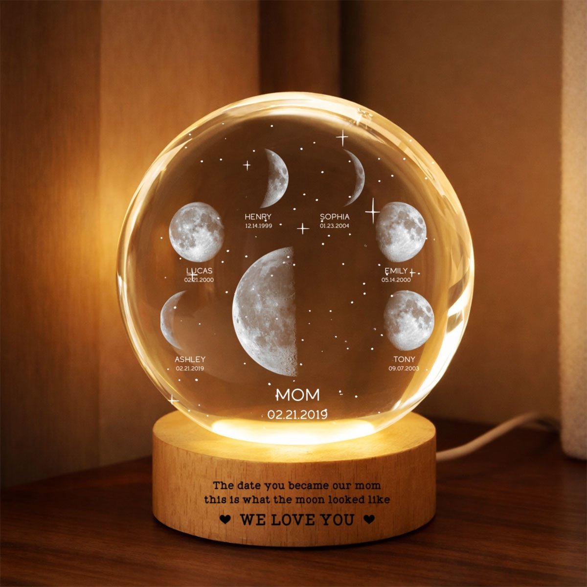 The Date You Became Our Mom We Love You - Personalized Crystal Ball LED Night Light - Gift For Mom, Grandma