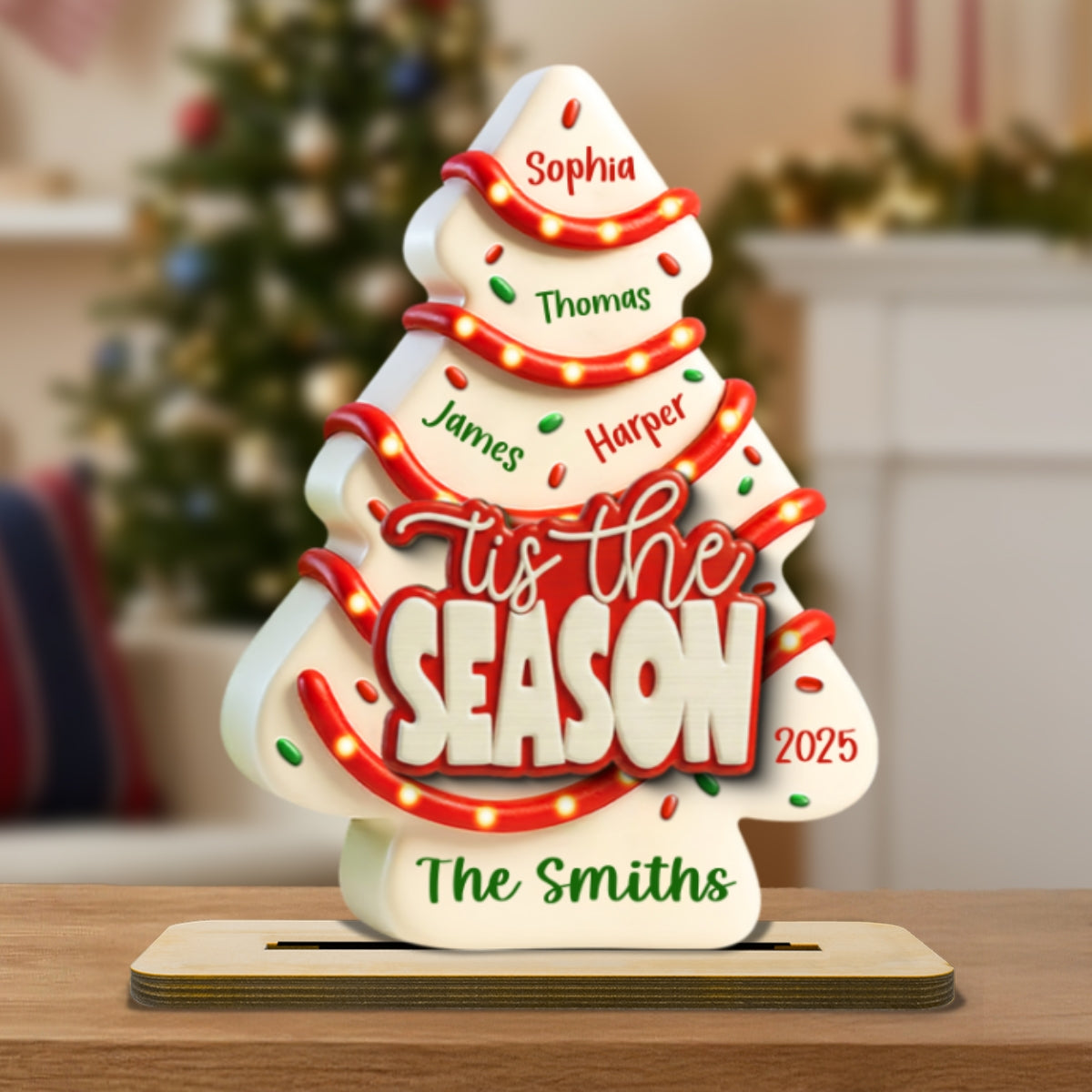 Tis The Season Christmas Tree Cake Family Names - Personalized 2-Layered Wooden Plaque