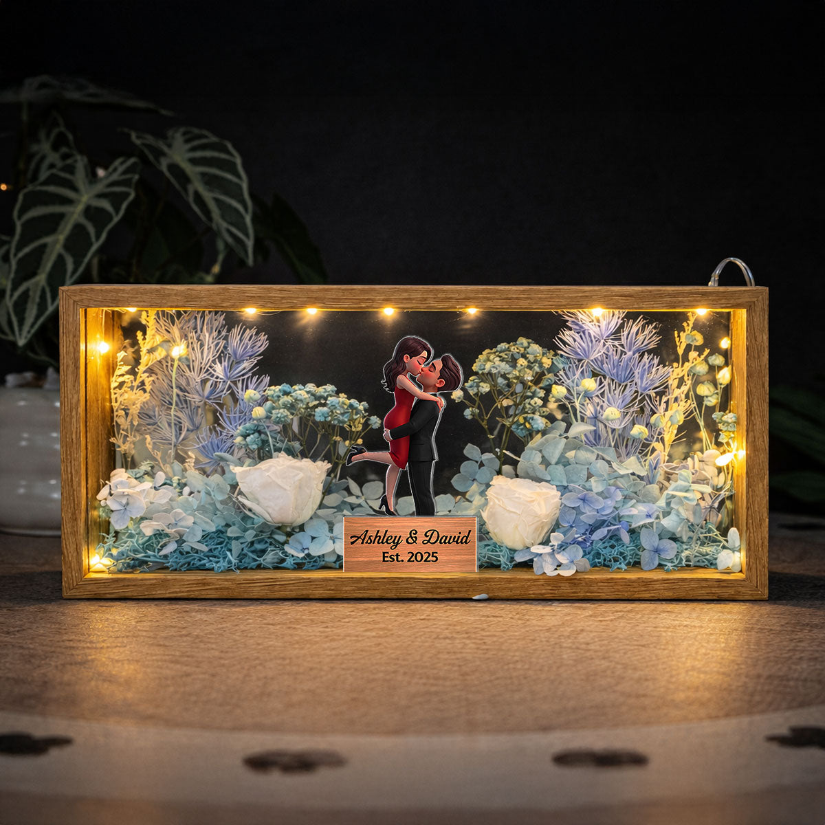 Romantic Couple Hugging Kissing - Personalized DIY Flower Shadow Box LED Night Light - Gift For Couple, For Him, For Her