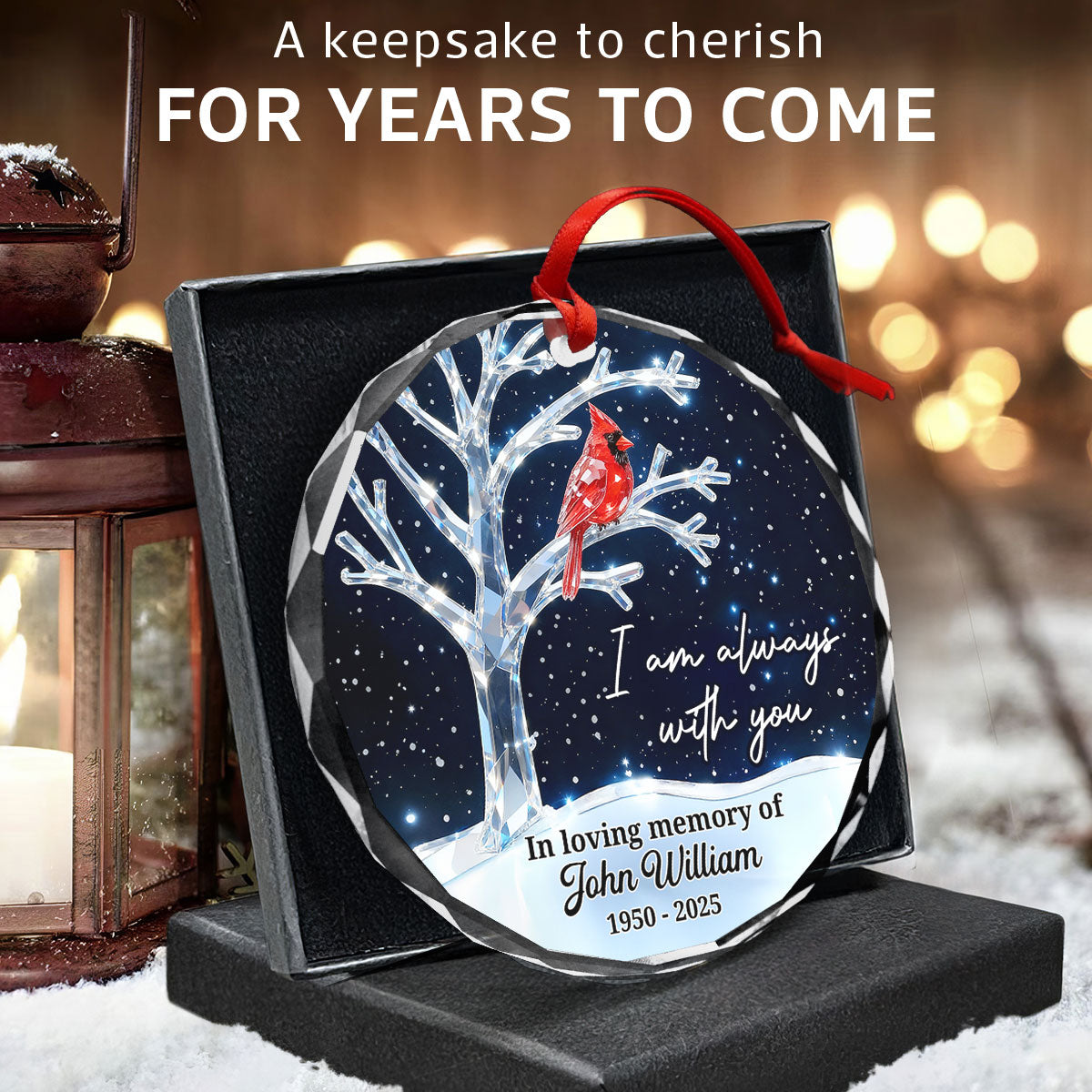 3D Crystal Effect Memorial Winter Tree Cardinals - Personalized Glass Ornament - Remembrance Gift, Sympathy Gift